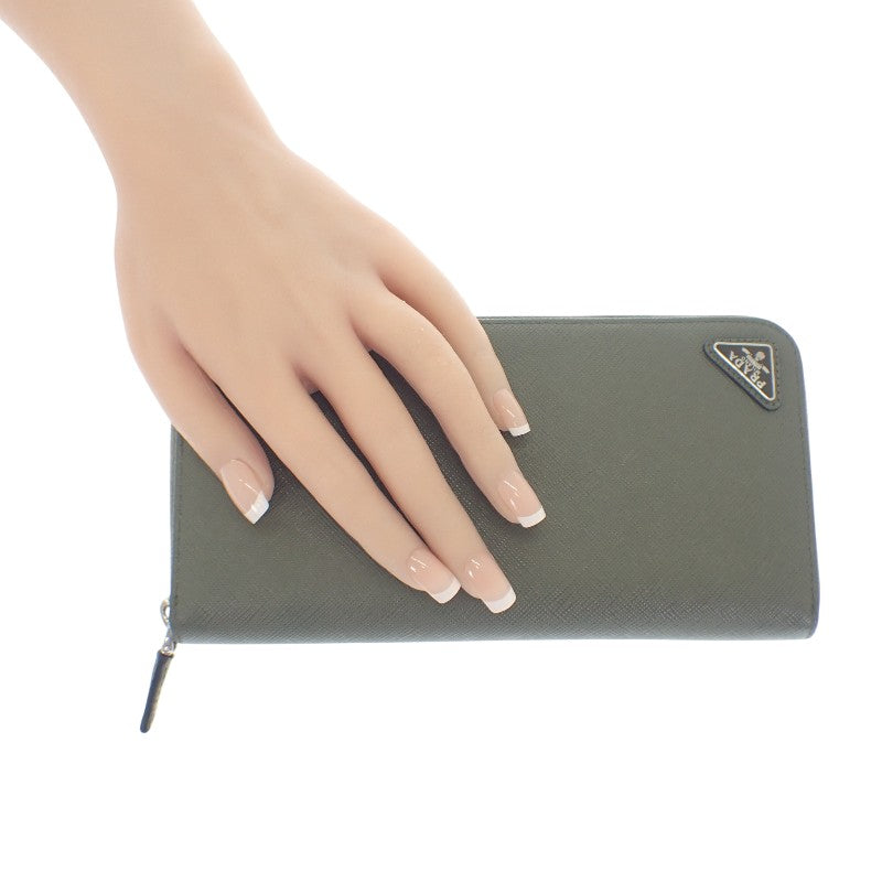 プラダ PRADA ジップアラウンドウォレット 2ML317_QHH_F0466 長財布 サフィアーノ グリーン シルバー金具 メンズ ユニセックス【中古】【ABランク】