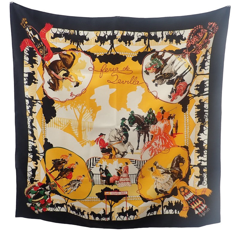 エルメス HERMES カレ90 feria de sevilla セビリアの休日 スカーフ シルク ブラック イエロー レディース【中古】【Aランク】