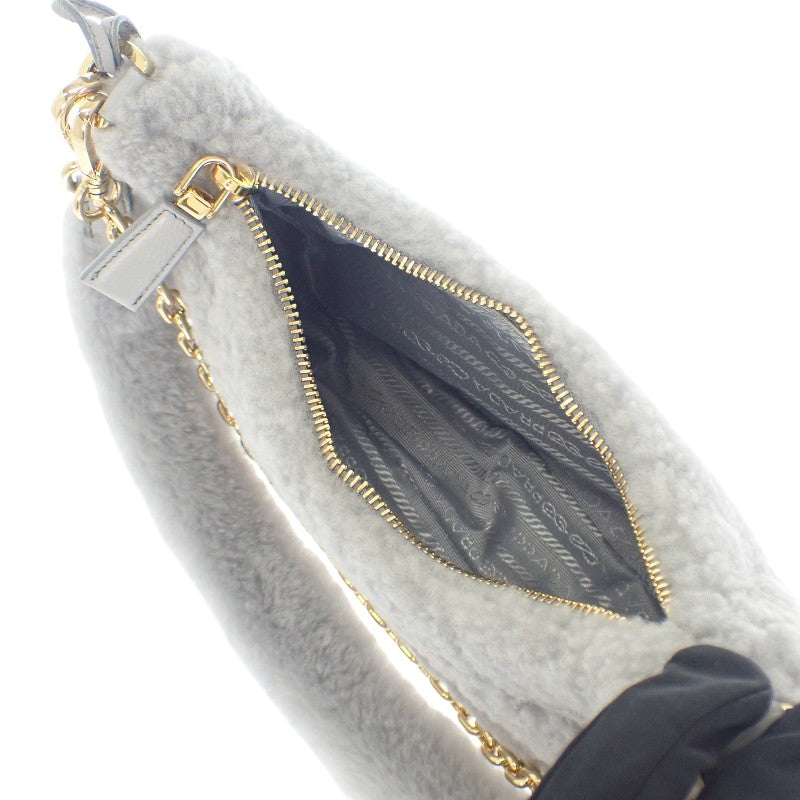 PRADA Re-Edition 羊毛迷你手袋 1BC204 2EC9 F0591 肩背包 毛皮 灰色 金色金屬配件 女士【中古】【AB級】