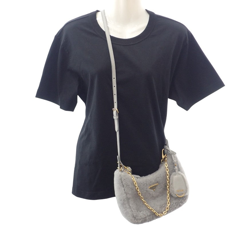 PRADA Re-Edition 羊毛迷你手袋 1BC204 2EC9 F0591 肩背包 毛皮 灰色 金色金屬配件 女士【中古】【AB級】