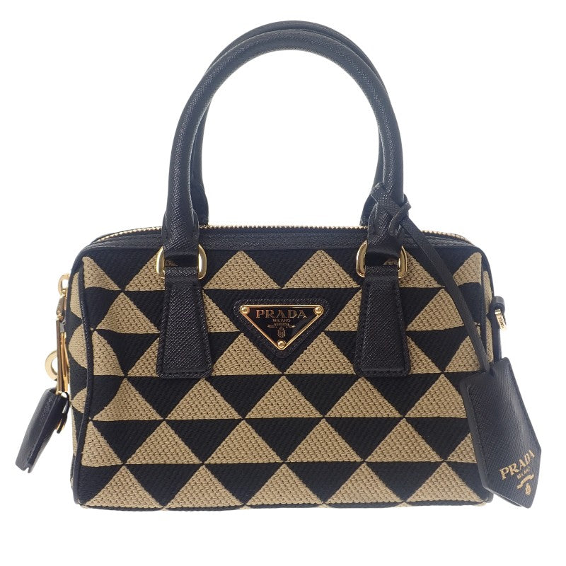 プラダ PRADA シンボル エンブロイダリー トップハンドル 1BB846 2WAYバッグ ポリエステル サフィアーノ ブラック ベージュ ゴールド金具 レディース【中古】【Aランク】