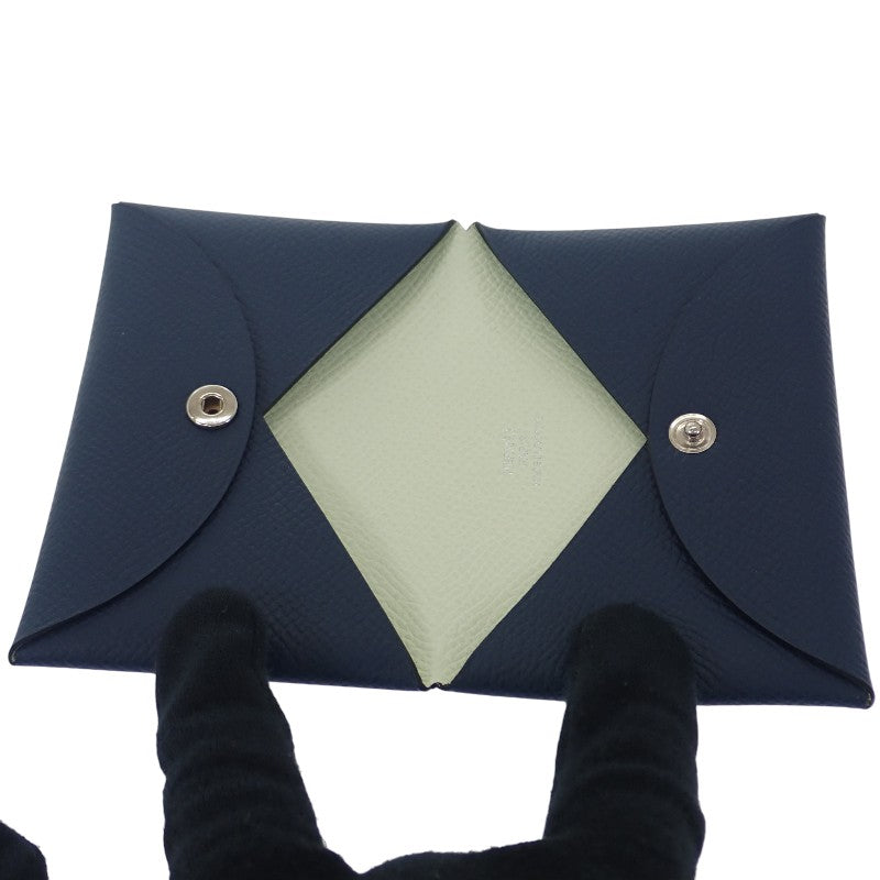 エルメス HERMES カルヴィ ヴェルソ カードケース ヴォーエプソン ブルードプリュス ヴェールフィズ ネイビー シルバー金具 メンズ レディース【中古】【Aランク】