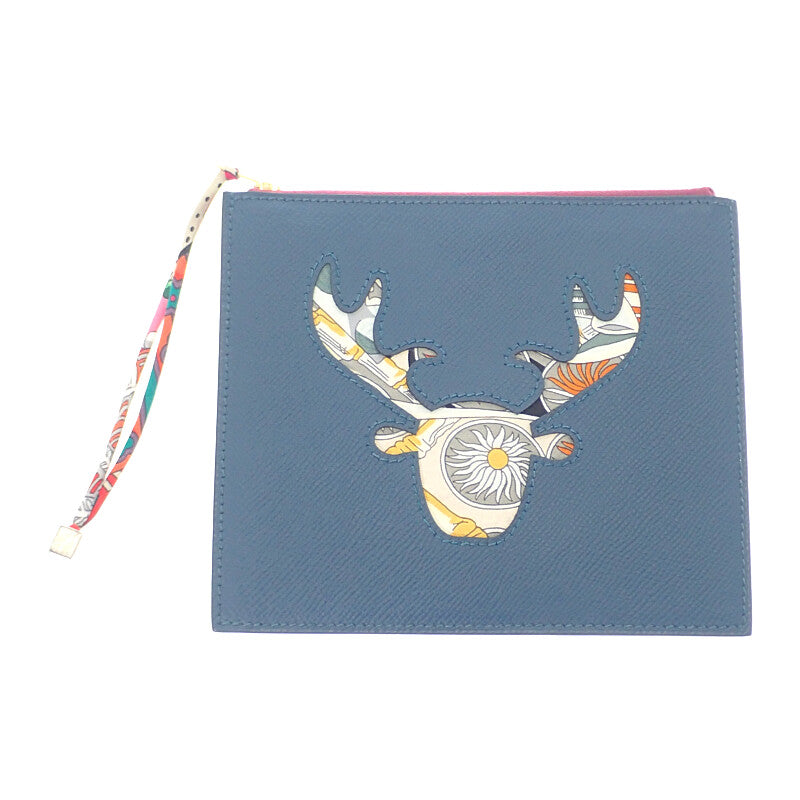 エルメス HERMES フラットケース・プティアッシュ ポーチ ヴォーエプソン ディープブルー マルチカラー ゴールド金具 レディース【中古】【Aランク】