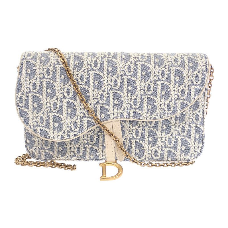 ディオール Dior チェーンポーチ ミディアム S5907CDFD ショルダーバッグ コットン ラムスキン ブルー ホワイト ゴールド金具 レディース【中古】【Aランク】
