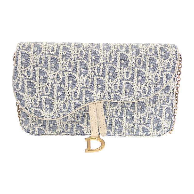ディオール Dior チェーンポーチ ミディアム S5907CDFD ショルダーバッグ コットン ラムスキン ブルー ホワイト ゴールド金具 レディース【中古】【Aランク】