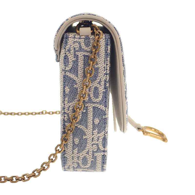 ディオール Dior チェーンポーチ ミディアム S5907CDFD ショルダーバッグ コットン ラムスキン ブルー ホワイト ゴールド金具 レディース【中古】【Aランク】