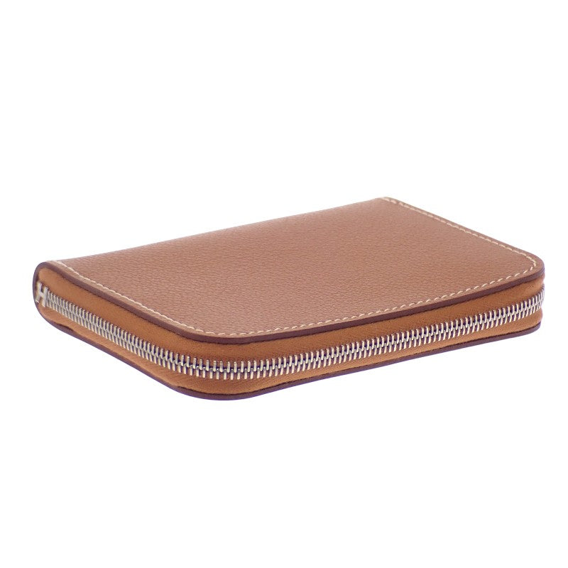 エルメス HERMES ジップアンゴーコンパクト カードケース エバーカラー ゴールド ブラウン シルバー金具 レディース【中古】【Sランク】