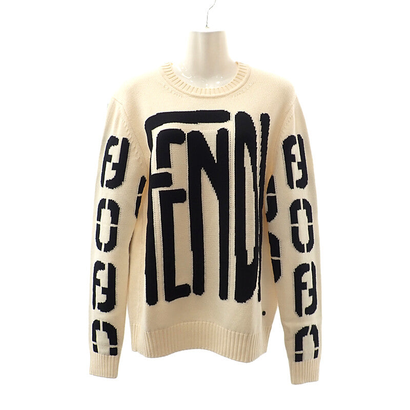 フェンディ FENDI ビッグロゴ クルーネック L FZY111 ADU6 セーター ウール アイボリー #46 メンズ【中古】【Aランク】