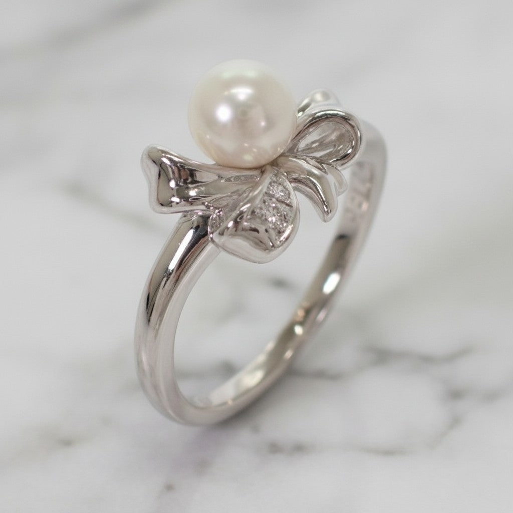 タサキ TASAKI リボンモチーフ 10号 リング Pt900プラチナ パール ダイヤモンド レディース【中古】【Aランク】