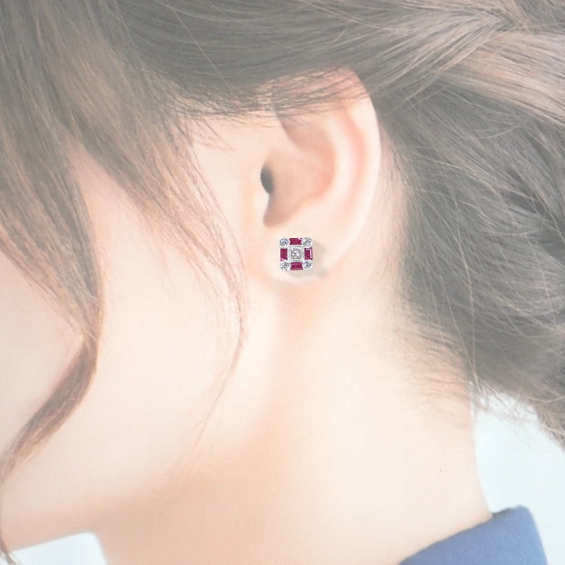 設計珠寶 方形耳環 K18白金 紅寶石 鑽石 女款【二手】【A級品】