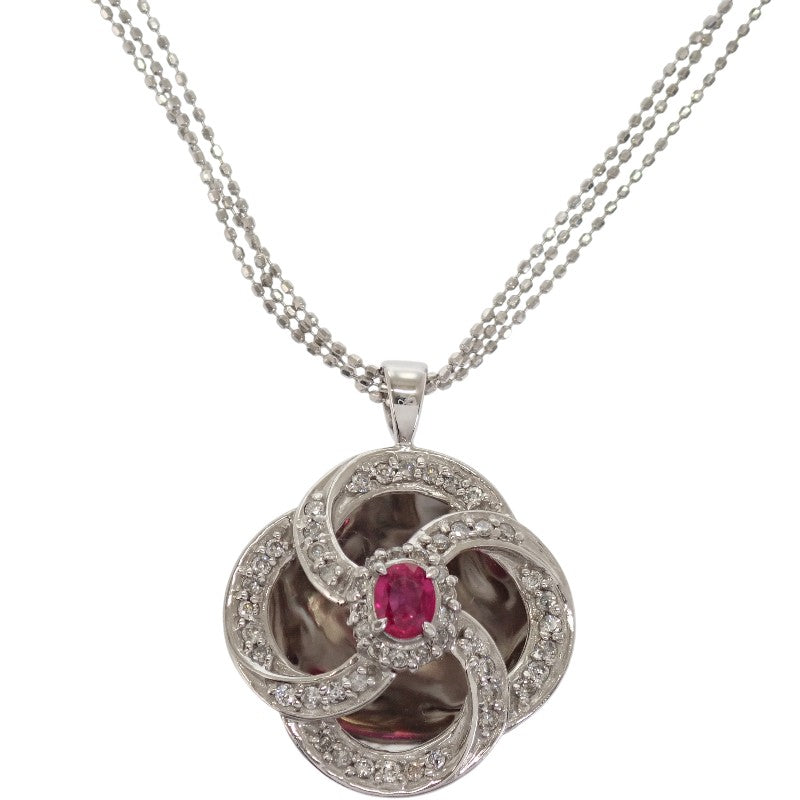 K18WG デザインジュエリー フラワー ネックレス K18ホワイトゴールド ダイヤモンド ルビー レディース【中古】【Aランク】