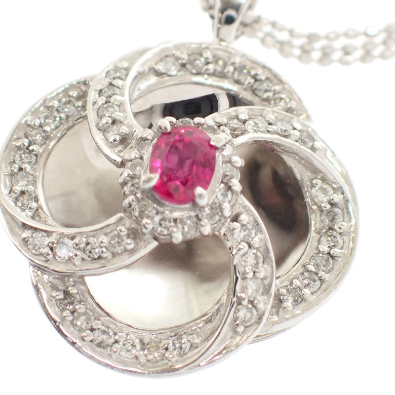 K18WG デザインジュエリー フラワー ネックレス K18ホワイトゴールド ダイヤモンド ルビー レディース【中古】【Aランク】