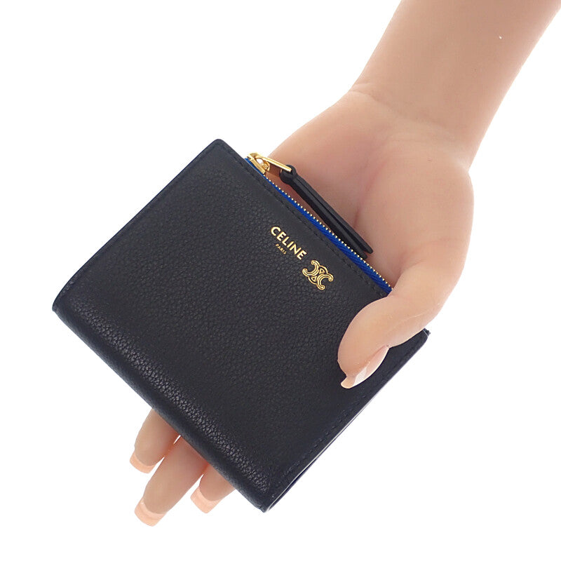 セリーヌ CELINE コンパクト ウォレット L100H2O54.GFS3 二つ折り財布 カーフ ブラック ウルトラブルー ゴールド金具 レディース【中古】【Aランク】