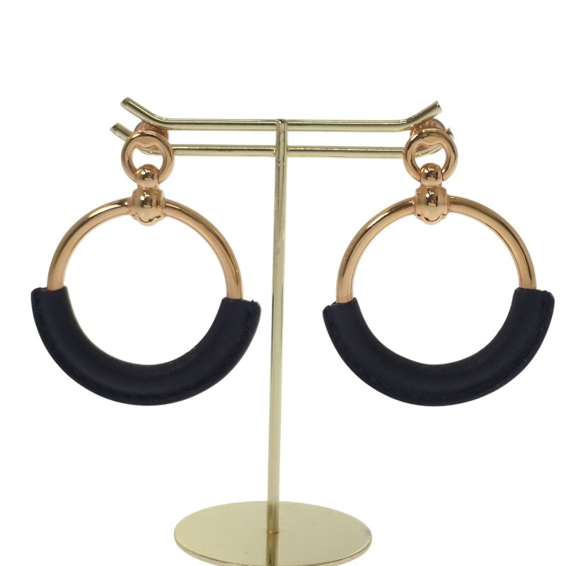 エルメス HERMES ループ グラン ピアス メタル レザー ゴールド ブラック レディース【中古】【Aランク】