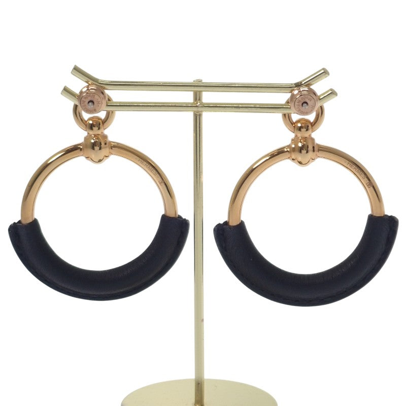 エルメス HERMES ループ グラン ピアス メタル レザー ゴールド ブラック レディース【中古】【Aランク】