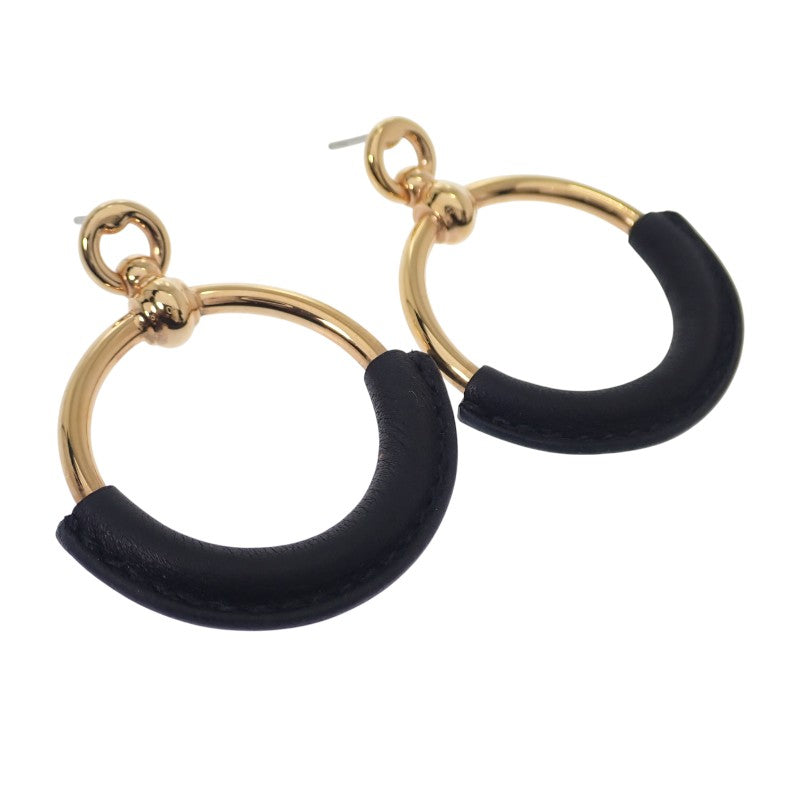 エルメス HERMES ループ グラン ピアス メタル レザー ゴールド ブラック レディース【中古】【Aランク】