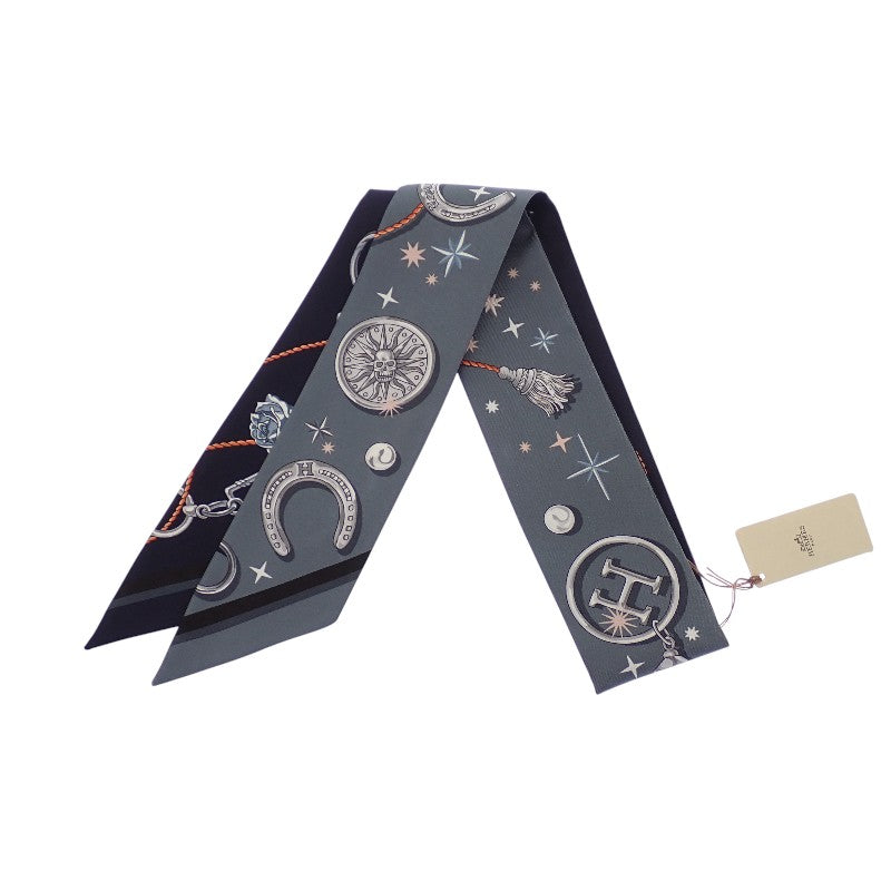 エルメス HERMES ツイリー C'EST LA FETE スカーフ シルク グレー ネイビー レディース【中古】【SAランク】