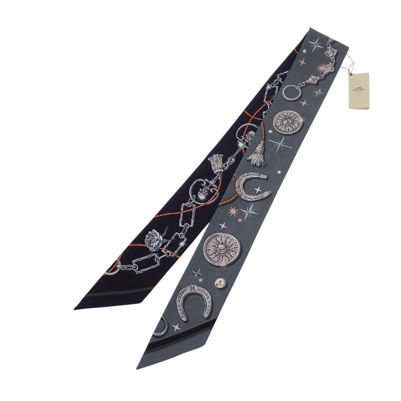 エルメス HERMES ツイリー C'EST LA FETE スカーフ シルク グレー ネイビー レディース【中古】【SAランク】