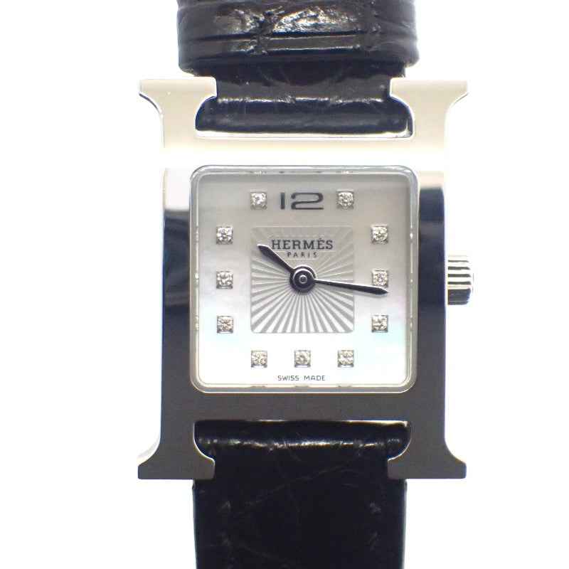エルメス HERMES Hウォッチ ミニ HH1.110.290 腕時計 ステンレススチール アリゲーター ブラック クオーツ ホワイトシェル文字盤 レディース【中古】【ABランク】