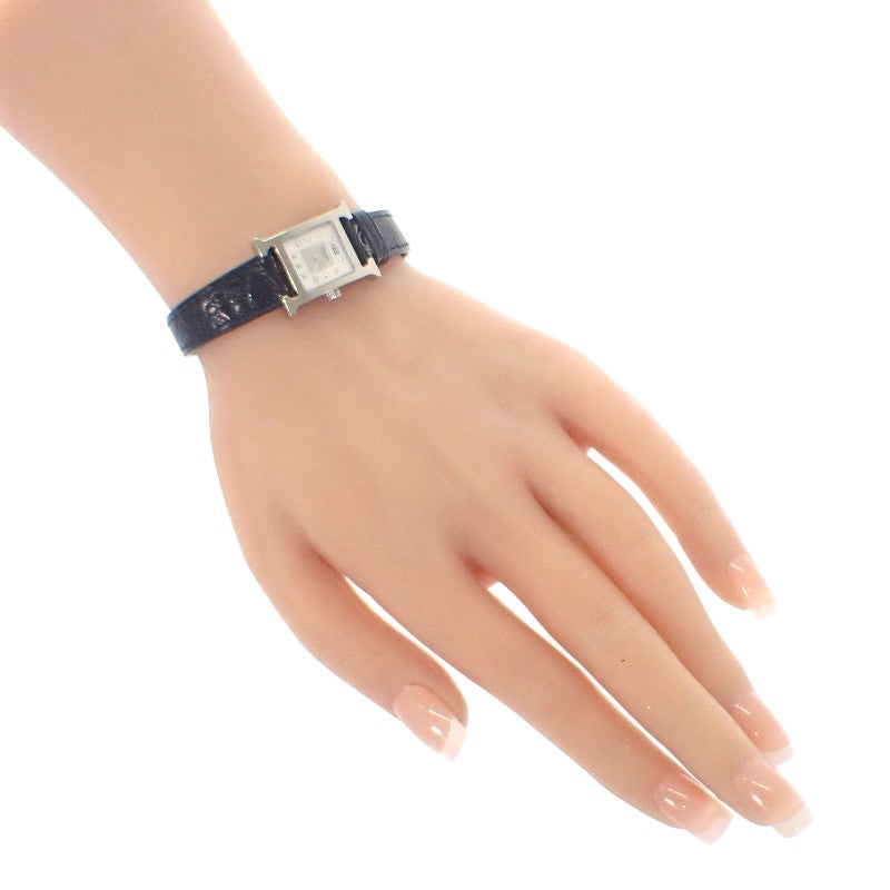 愛馬仕 HERMES H Watch Mini HH1.110.290 腕錶 不鏽鋼 鱷魚皮 黑色 石英 白色貝殼面盤 女士【中古】【AB級】