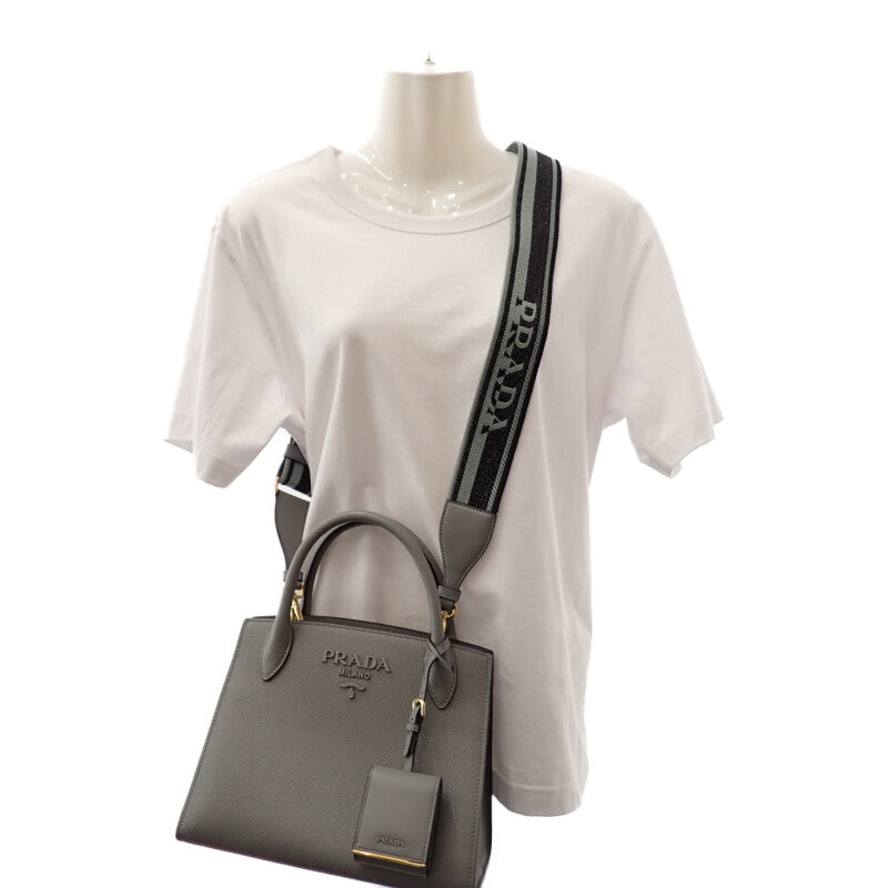 プラダ PRADA モノクローム 1BA156 ハンドバッグ サフィアーノ グレー ゴールド金具 レディース【中古】【Aランク】
