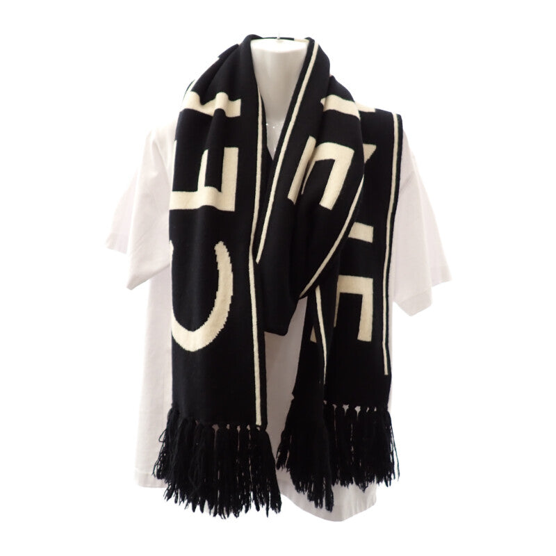 セリーヌ CELINE ロゴ フリンジ 2A95Q227O.38OW マフラー ウール カシミヤ ブラック レディース メンズ【中古】【ABランク】