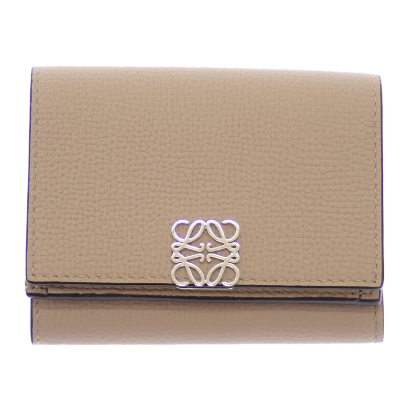 ロエベ LOEWE アナグラム トライフォールド コンパクトウォレット C821TR2X16 三つ折り財布 ペブルグレインカーフ サンド ベージュ系 シルバー金具 レディース【中古】【Aランク】