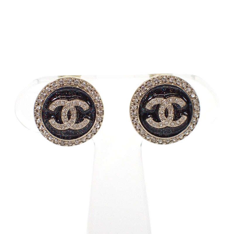 シャネル CHANEL CC ラウンド ABG409 ピアス メタル ストラス ブラック ゴールド レディース【中古】【Aランク】