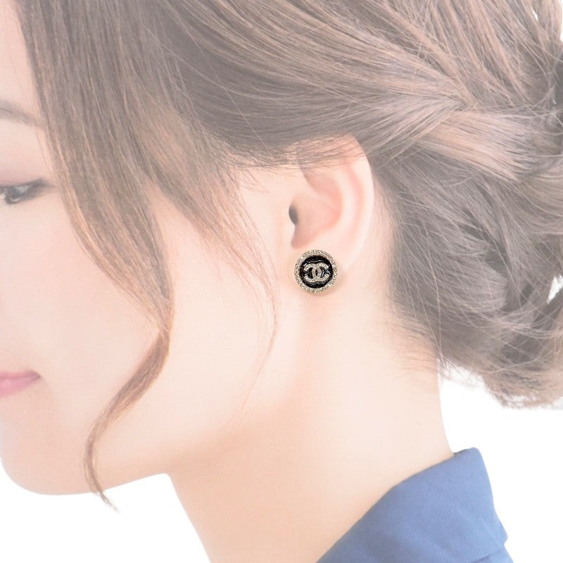 シャネル CHANEL CC ラウンド ABG409 ピアス メタル ストラス ブラック ゴールド レディース【中古】【Aランク】
