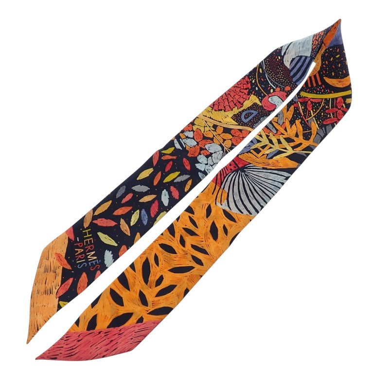 エルメス HERMES ツイリー Chacun Fait Son Nid スカーフ シルク ネイビー オレンジ レディース【中古】【Aランク】