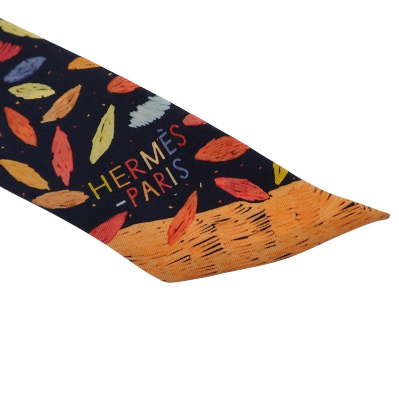 エルメス HERMES ツイリー Chacun Fait Son Nid スカーフ シルク ネイビー オレンジ レディース【中古】【Aランク】