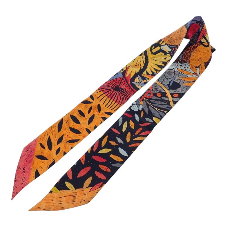 愛馬仕 HERMES Twilly Chacun Fait Son Nid 絲巾 絲綢 海軍藍 橘色 女士【中古】【A級】