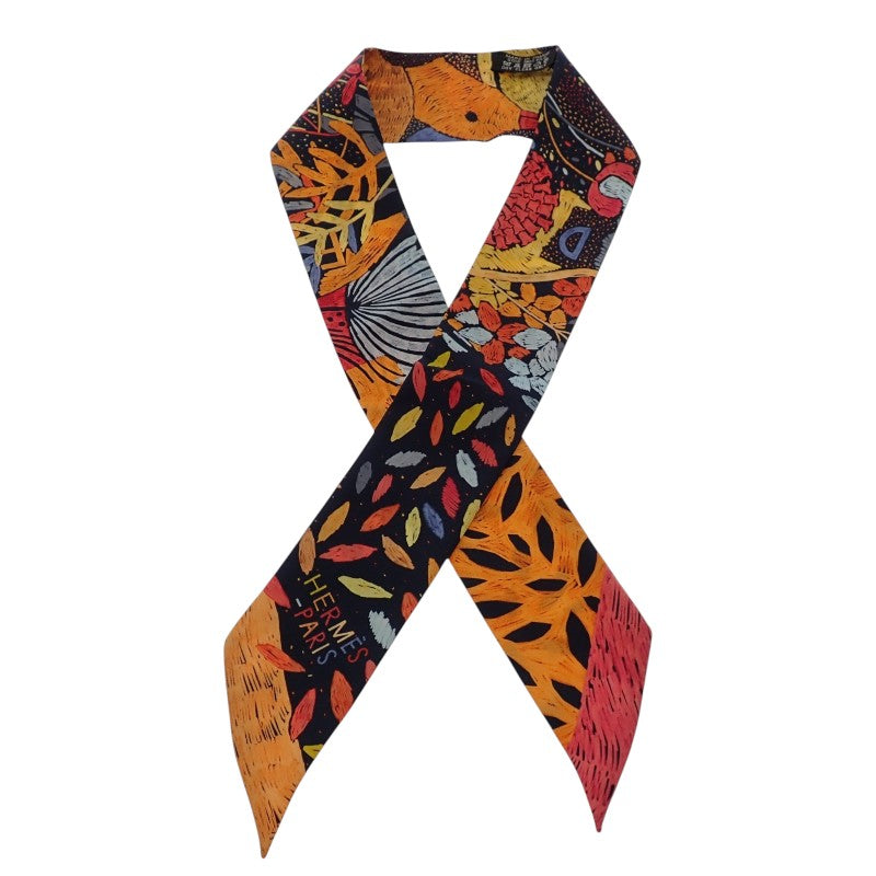 エルメス HERMES ツイリー Chacun Fait Son Nid スカーフ シルク ネイビー オレンジ レディース【中古】【Aランク】