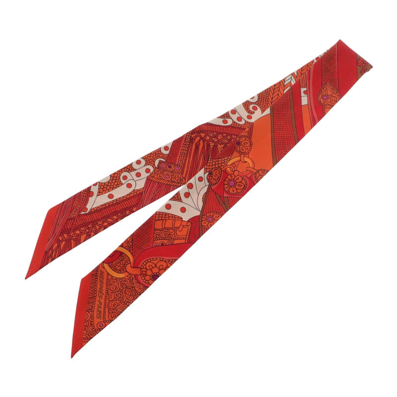 愛馬仕 HERMES 窄版絲巾 SELLE DE DIGNITAIRE 絲巾 絲綢 橘色 紅色 女士【中古】【AB級】