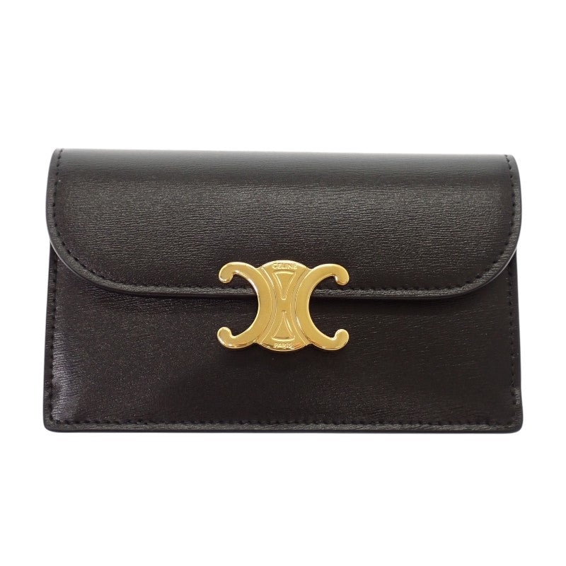 セリーヌ CELINE トリオンフフラップ付き ロングカードホルダー 10P073DPV.38NO コインケース カーフ ブラック ゴールド金具 レディース【中古】【Aランク】