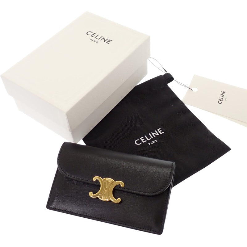 セリーヌ CELINE トリオンフフラップ付き ロングカードホルダー 10P073DPV.38NO コインケース カーフ ブラック ゴールド金具 レディース【中古】【Aランク】