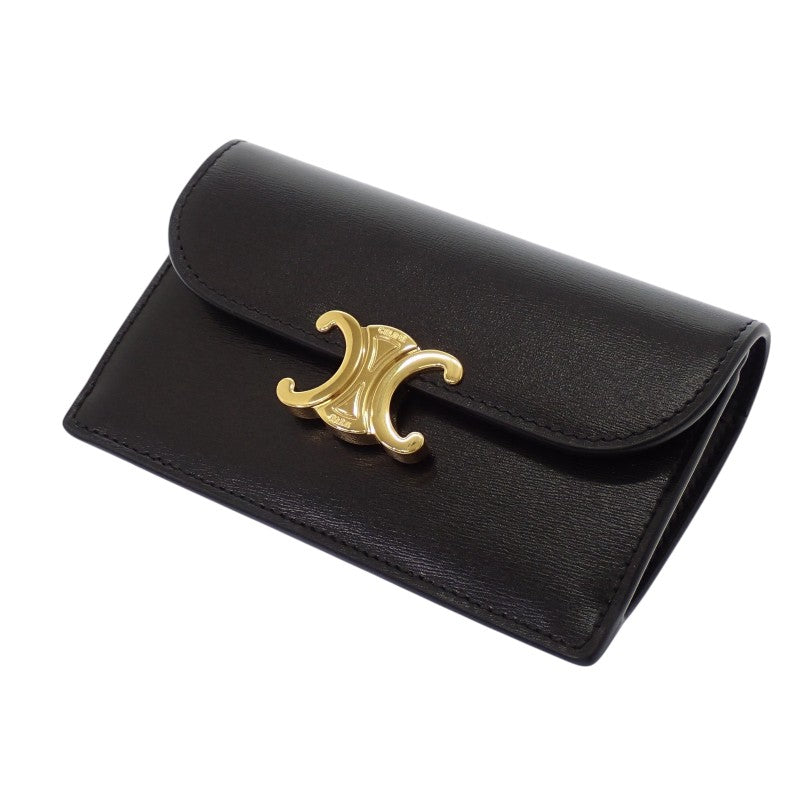 セリーヌ CELINE トリオンフフラップ付き ロングカードホルダー 10P073DPV.38NO コインケース カーフ ブラック ゴールド金具 レディース【中古】【Aランク】