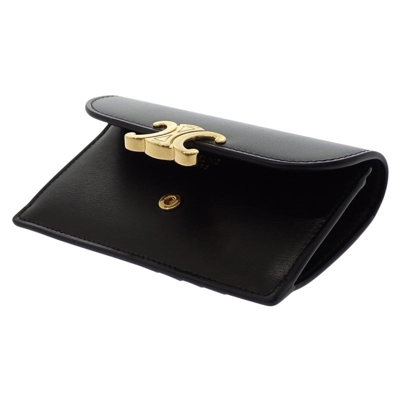 セリーヌ CELINE トリオンフフラップ付き ロングカードホルダー 10P073DPV.38NO コインケース カーフ ブラック ゴールド金具 レディース【中古】【Aランク】