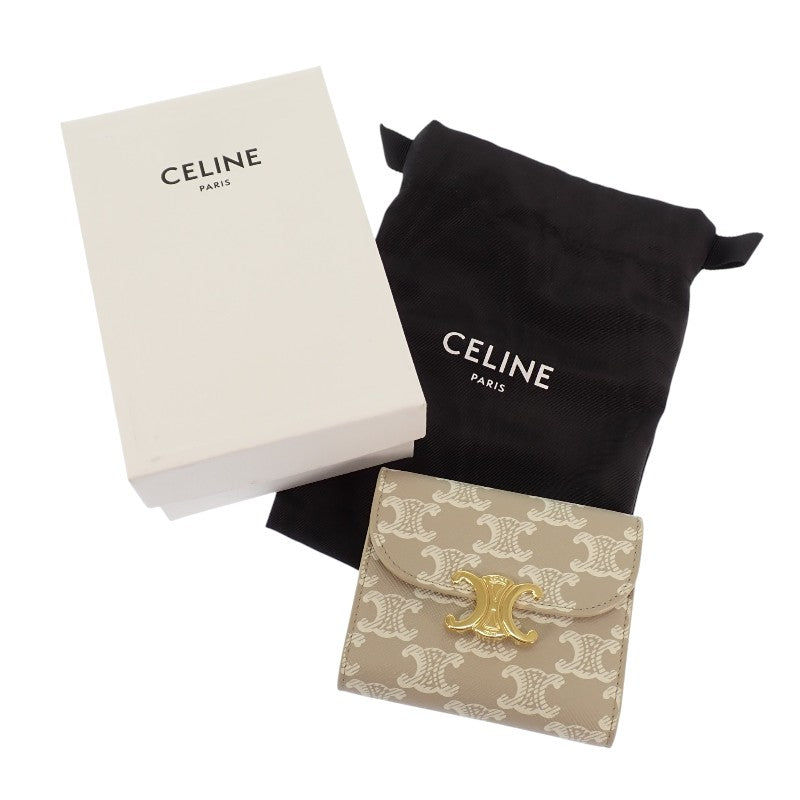 セリーヌ CELINE スモールフラップウォレット 10D782CQH 三つ折り財布 ポリウレタン ベージュ グレージュ ゴールド金具 レディース【中古】【ABランク】