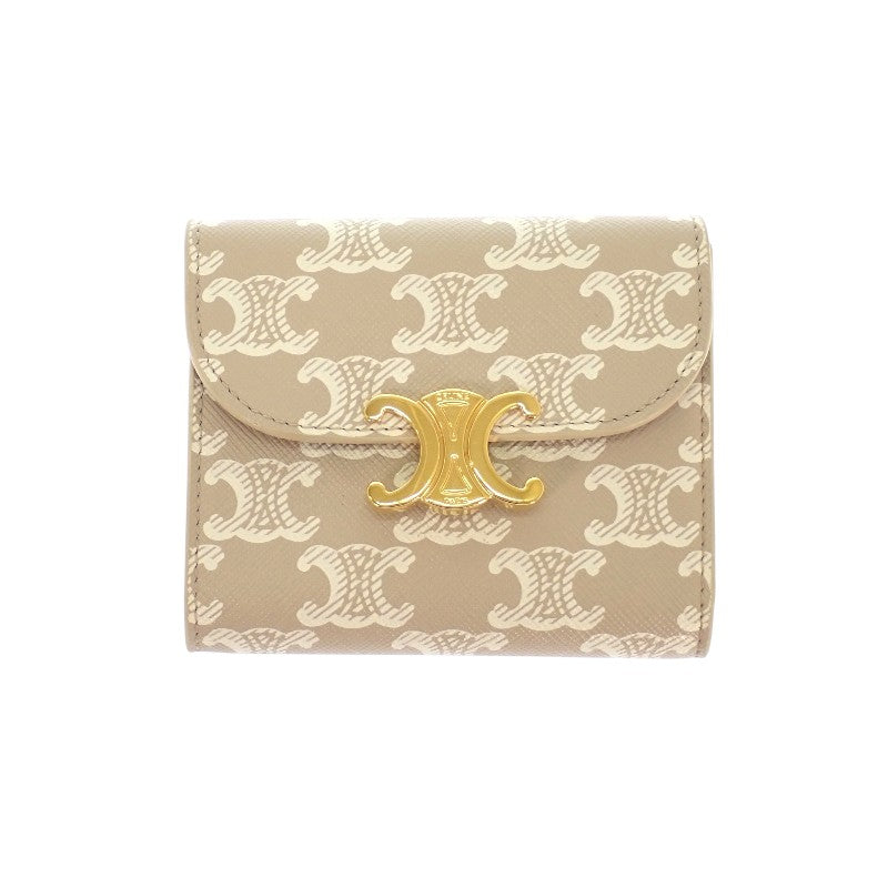セリーヌ CELINE スモールフラップウォレット 10D782CQH 三つ折り財布 ポリウレタン ベージュ グレージュ ゴールド金具 レディース【中古】【ABランク】