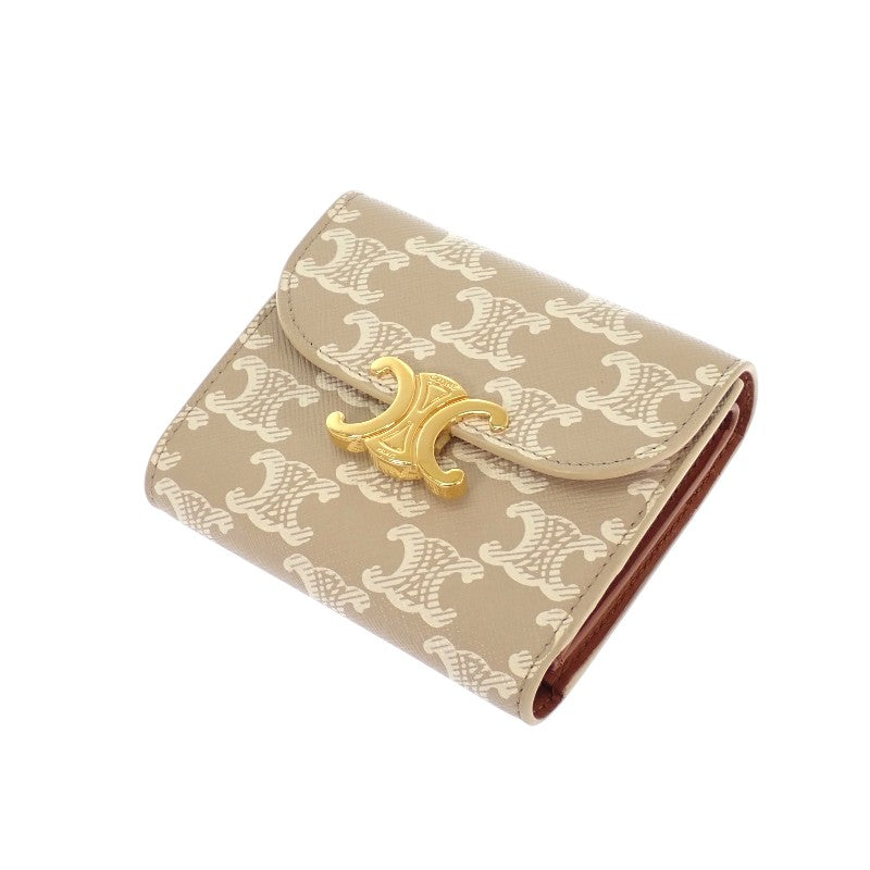 セリーヌ CELINE スモールフラップウォレット 10D782CQH 三つ折り財布 ポリウレタン ベージュ グレージュ ゴールド金具 レディース【中古】【ABランク】