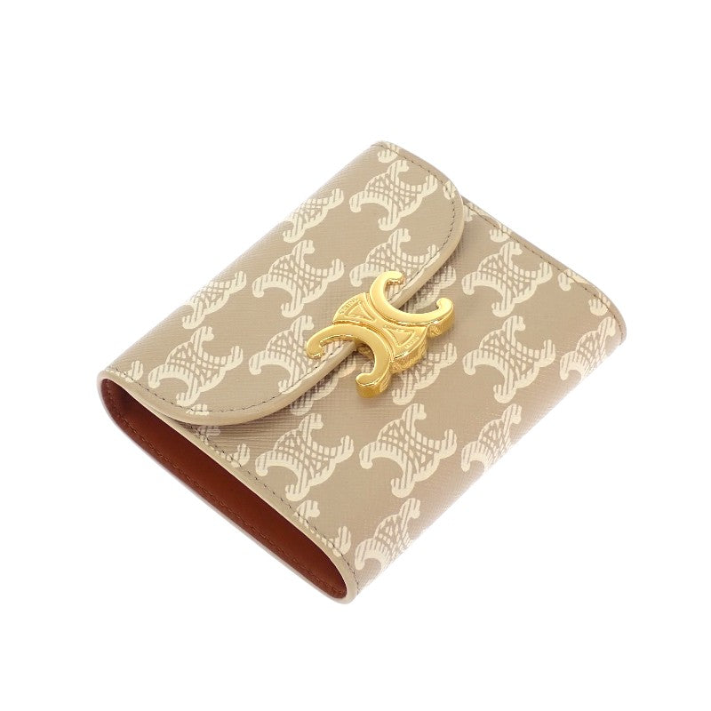 セリーヌ CELINE スモールフラップウォレット 10D782CQH 三つ折り財布 ポリウレタン ベージュ グレージュ ゴールド金具 レディース【中古】【ABランク】