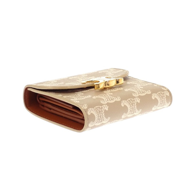 セリーヌ CELINE スモールフラップウォレット 10D782CQH 三つ折り財布 ポリウレタン ベージュ グレージュ ゴールド金具 レディース【中古】【ABランク】