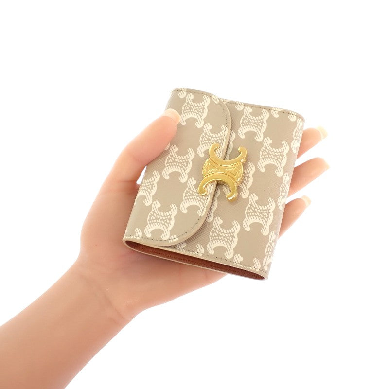 セリーヌ CELINE スモールフラップウォレット 10D782CQH 三つ折り財布 ポリウレタン ベージュ グレージュ ゴールド金具 レディース【中古】【ABランク】