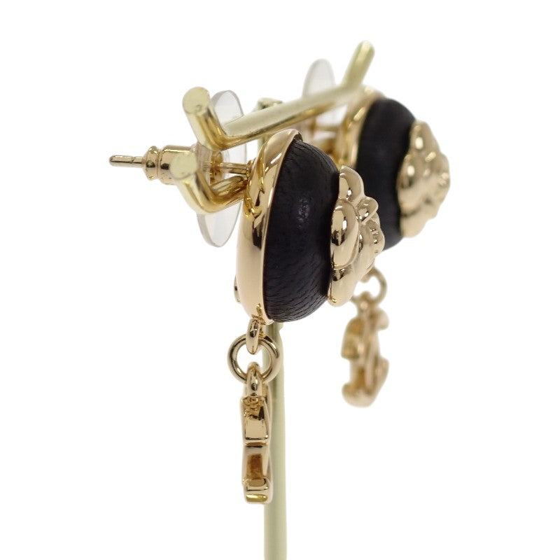 シャネル CHANEL CCカメリア ココマーク AB8977 ピアス メタル レザー ゴールド ブラック レディース【中古】【Aランク】