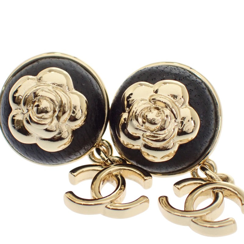 シャネル CHANEL CCカメリア ココマーク AB8977 ピアス メタル レザー ゴールド ブラック レディース【中古】【Aランク】