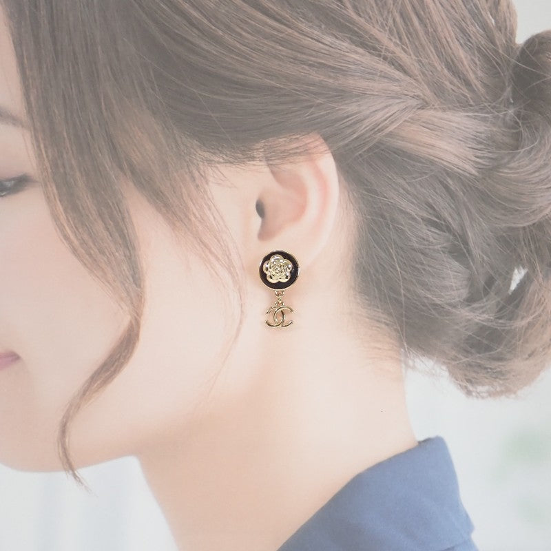 香奈兒 CHANEL CC山茶花 Coco Mark AB8977 耳環 金屬 皮革 金色 黑色 女款【中古】【A級】