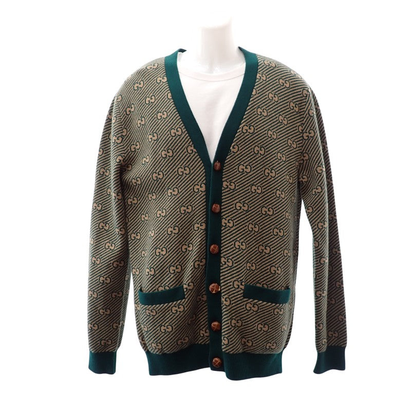 グッチ GUCCI GG ストライプ S 630412 XKBFZ カーディガン ウール カシミヤ ベージュ グリーン メンズ【中古】【ABランク】
