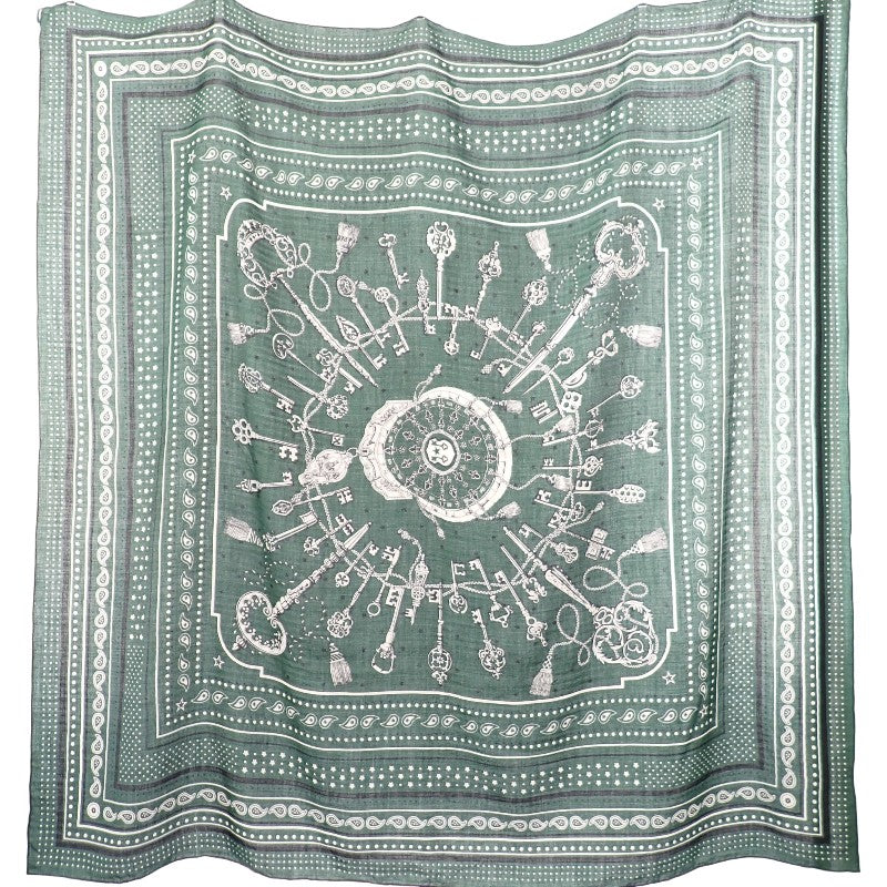 エルメス HERMES カレジェアン レクレ バンダナ 大判 ストール スカーフ カシミヤ シルク グリーン レディース【中古】【ABランク】