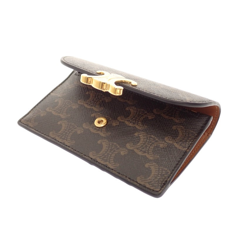 セリーヌ CELINE トリオンフフラップ付き ロングカードホルダー 10P072CQH.04LU コインケース カーフ トリオンフキャンバス タン ゴールド金具 レディース【中古】【Aランク】